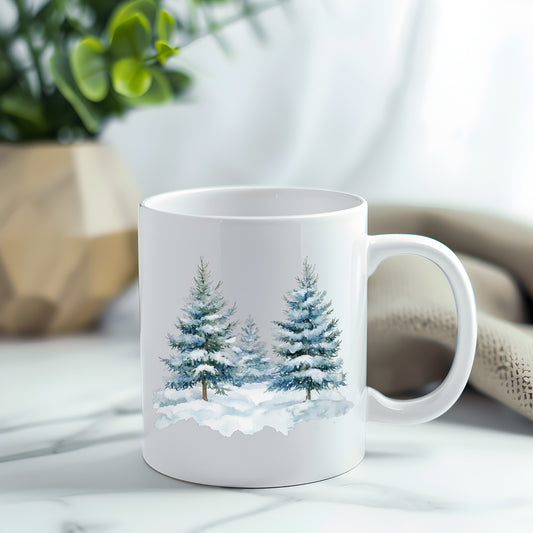 Two Blue Spruce Trees UV DTF sticker applied to a white coffee mug