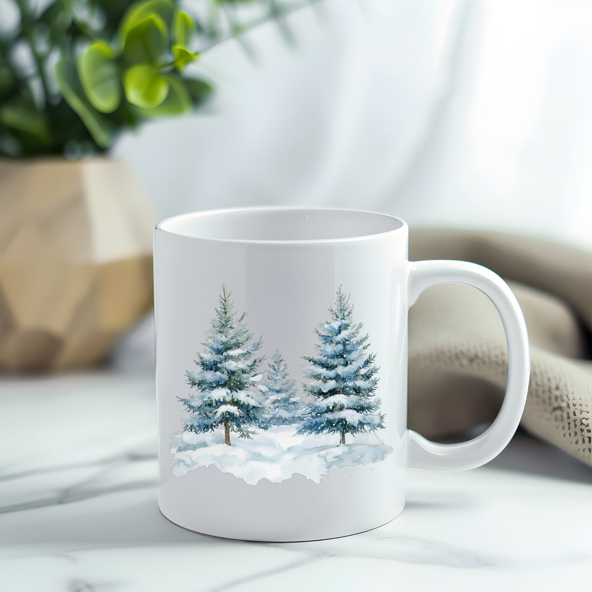 Two Blue Spruce Trees UV DTF sticker applied to a white coffee mug