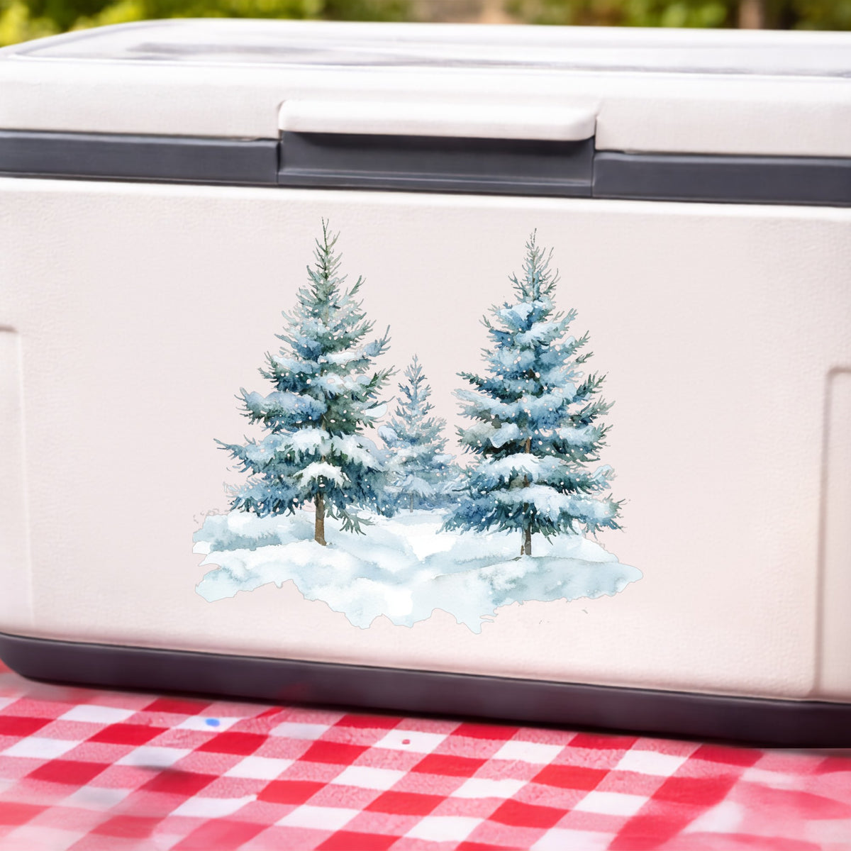 Two Blue Spruce Trees UV DTF sticker applied to a white cooler