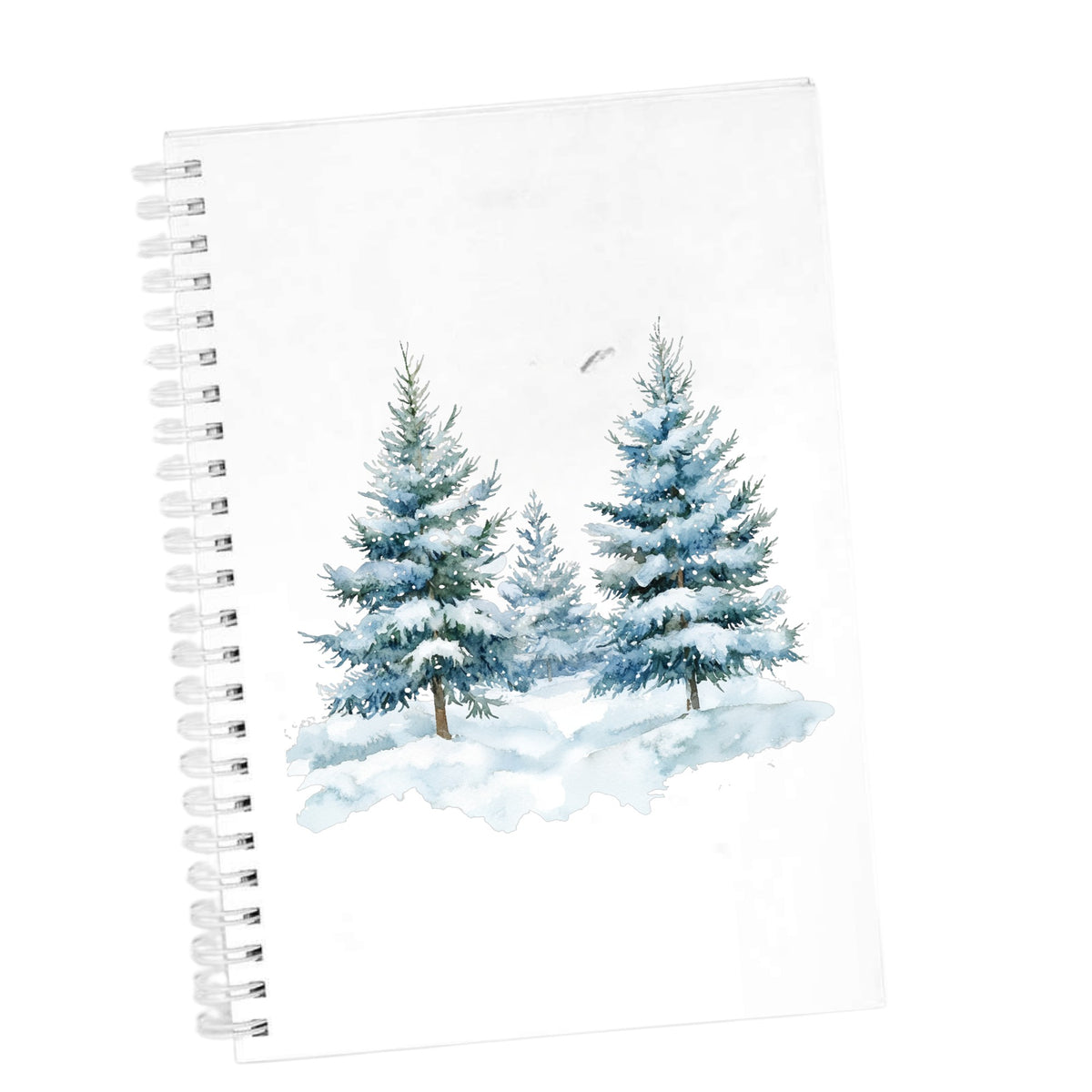 Two Blue Spruce Trees UV DTF sticker applied to a white journal