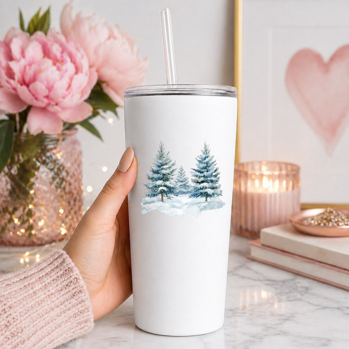 Two Blue Spruce Trees UV DTF sticker applied to a white tumbler