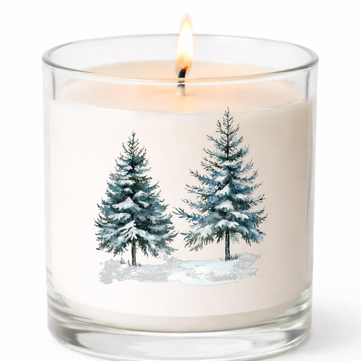 Snowy Evergreen Pair UV DTF sticker applied to a candle jar