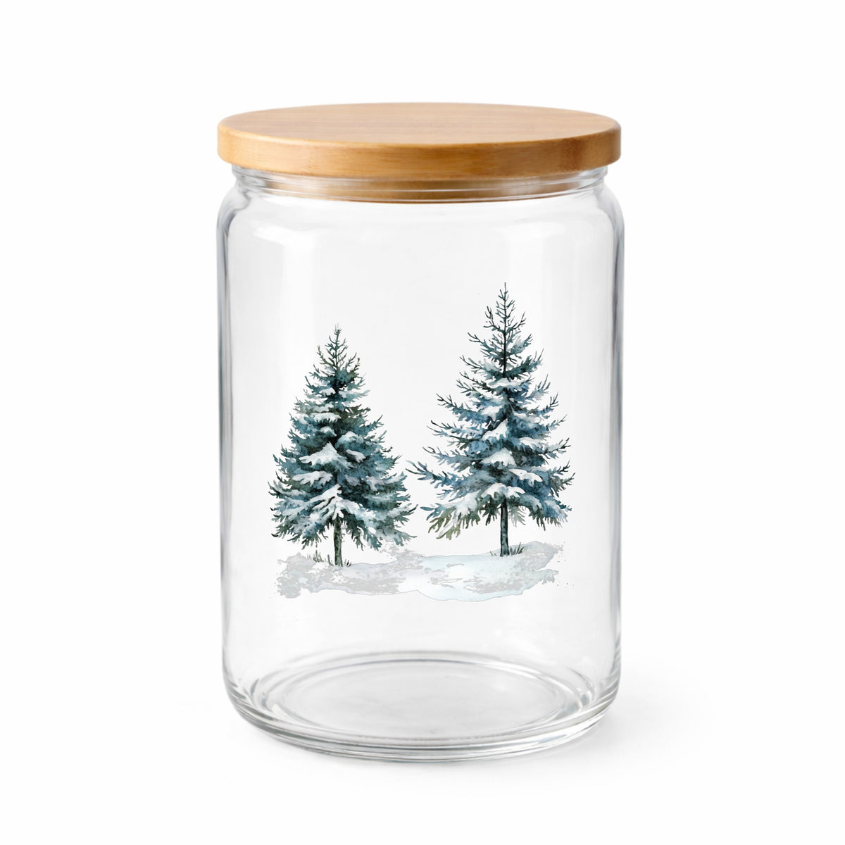 Snowy Evergreen Pair UV DTF sticker applied to a clear glass jar with lid