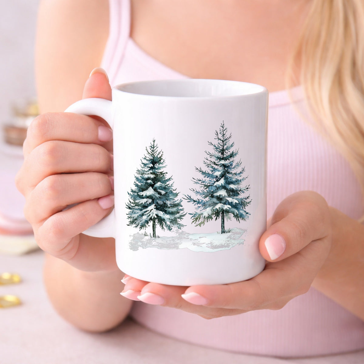 Snowy Evergreen Pair UV DTF sticker displayed on a white coffee mug