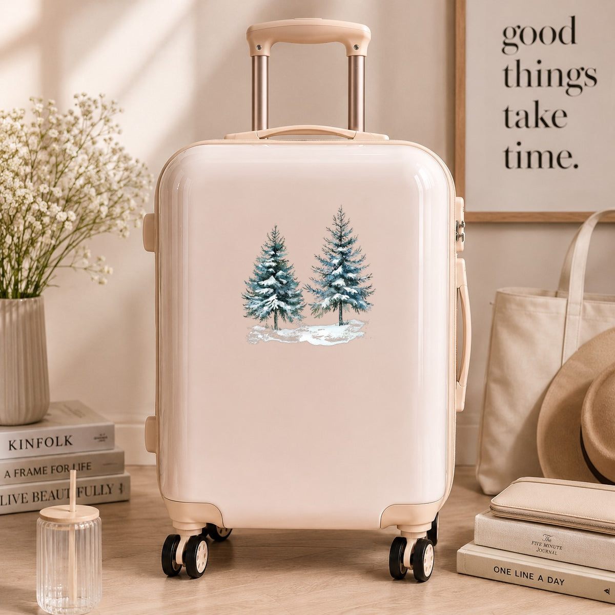Snowy Evergreen Pair UV DTF sticker applied to a neutral suitcase