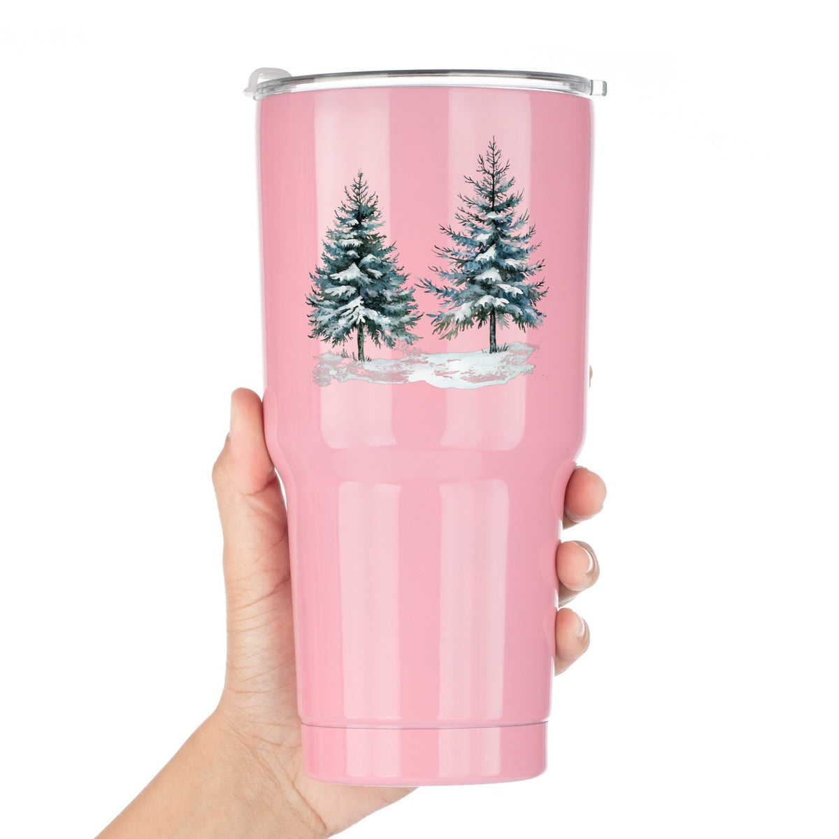 Snowy Evergreen Pair UV DTF sticker applied to a pink tumbler