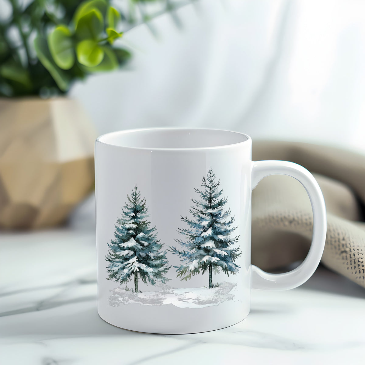 Snowy Evergreen Pair UV DTF sticker applied to a white coffee mug