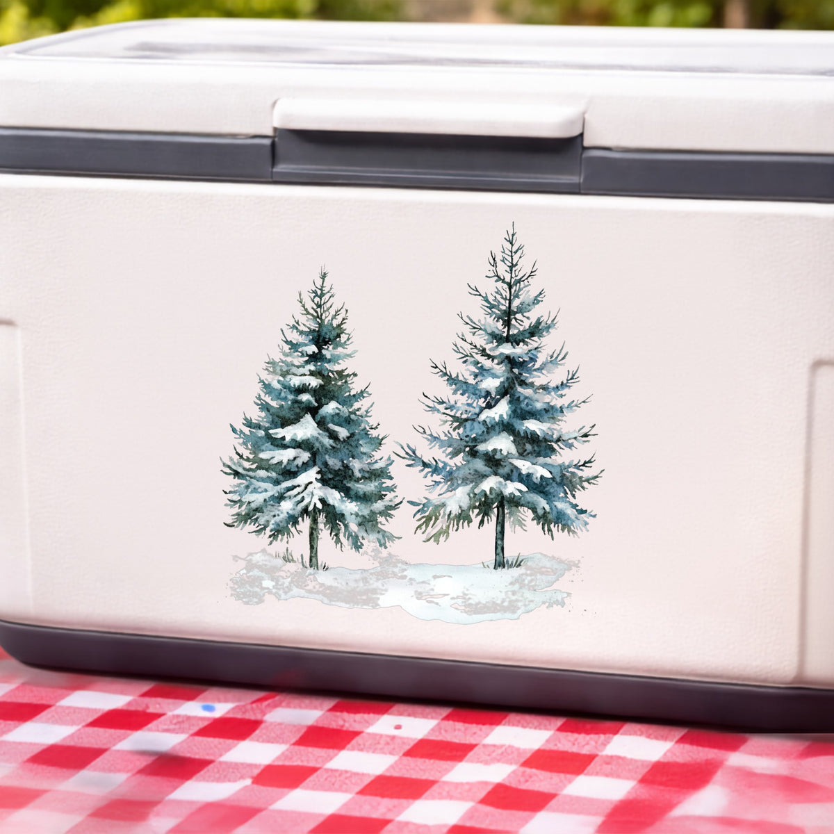 Snowy Evergreen Pair UV DTF sticker applied to a white cooler