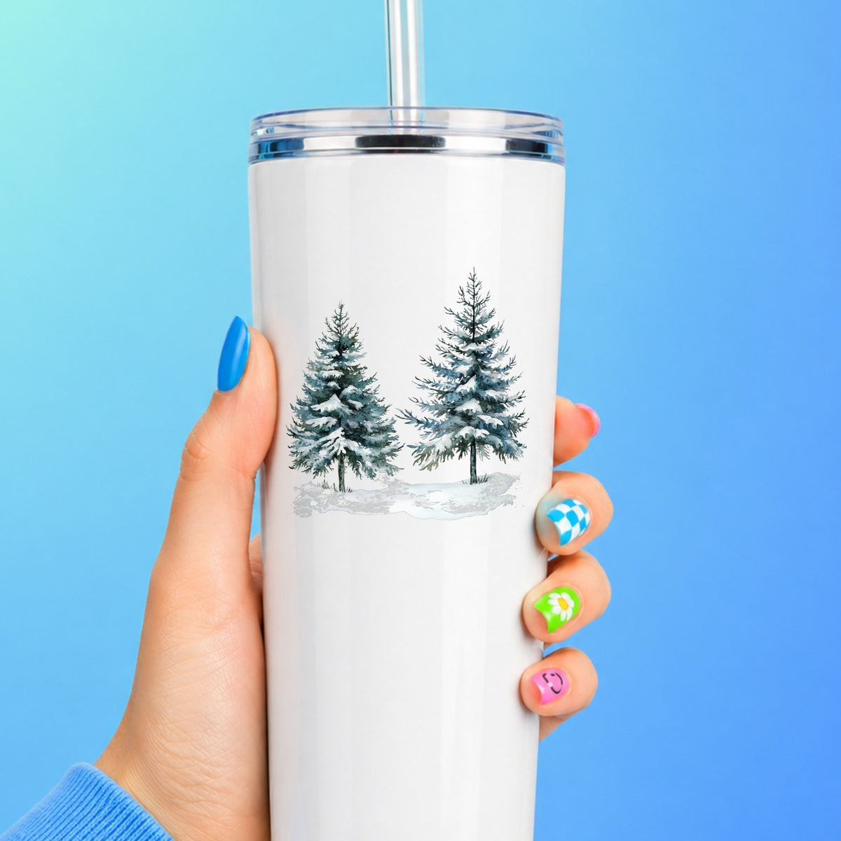 Snowy Evergreen Pair UV DTF sticker applied to a white tumbler