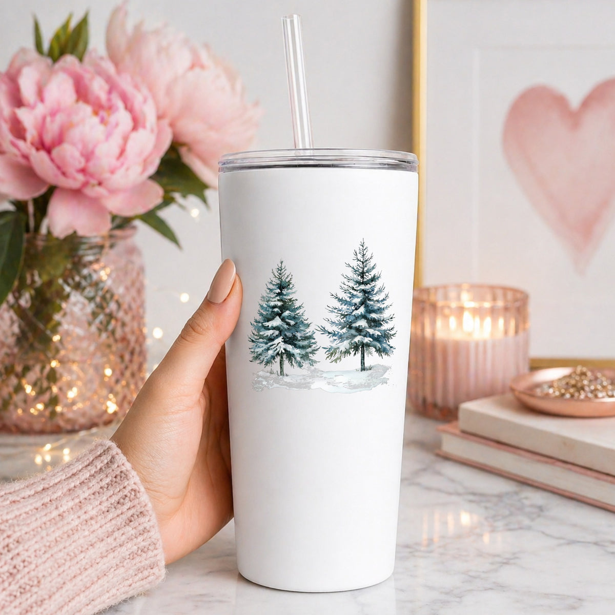 Snowy Evergreen Pair UV DTF sticker applied to a white tumbler