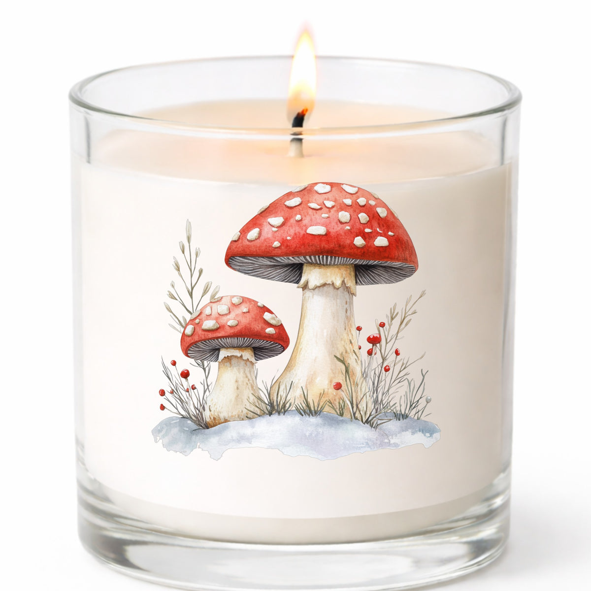 Red Mushrooms In Snow UV DTF sticker applied to a candle jar