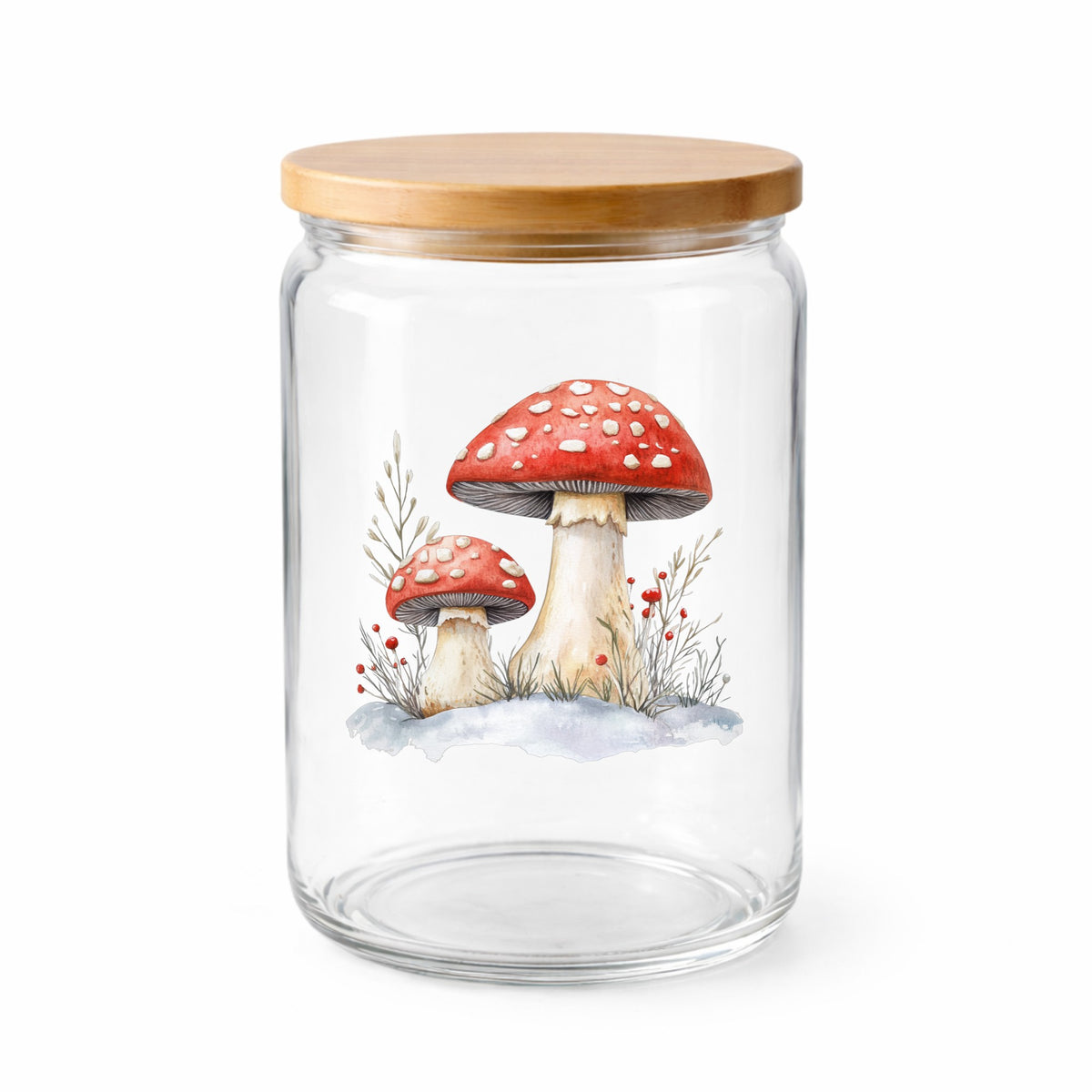 Red Mushrooms In Snow UV DTF sticker applied to a clear glass jar with lid