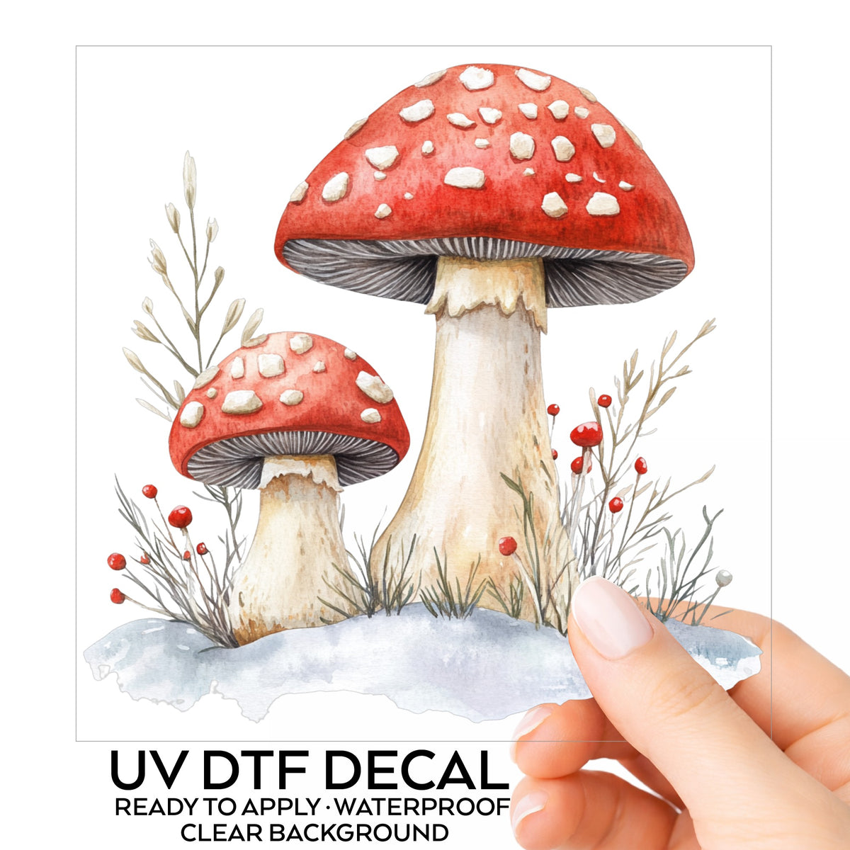 Red Mushrooms In Snow UV DTF sticker