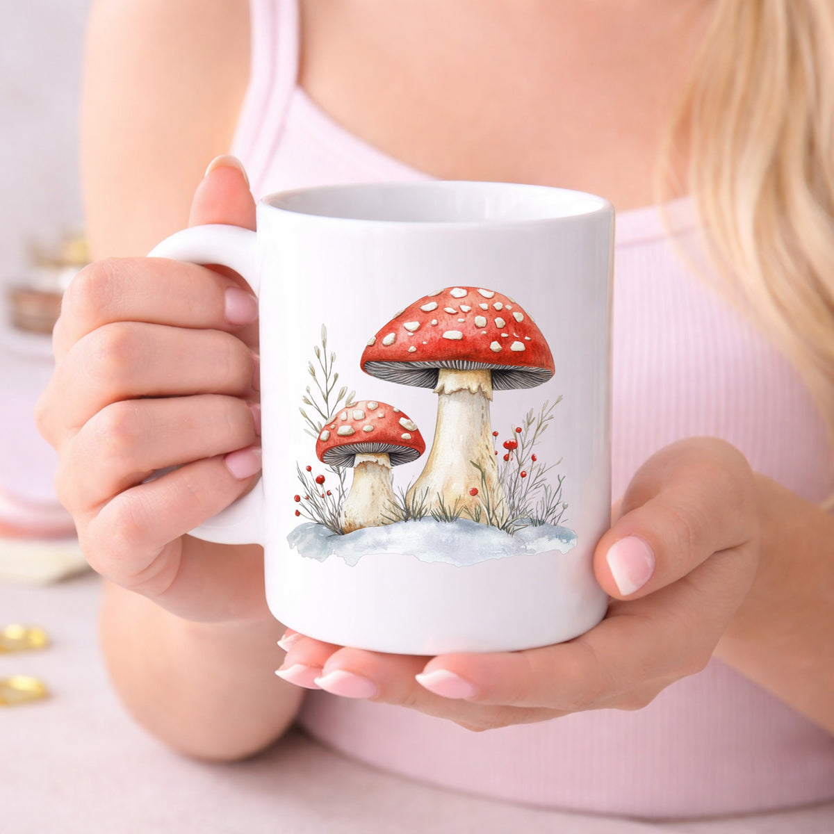 Red Mushrooms In Snow UV DTF sticker displayed on a white coffee mug