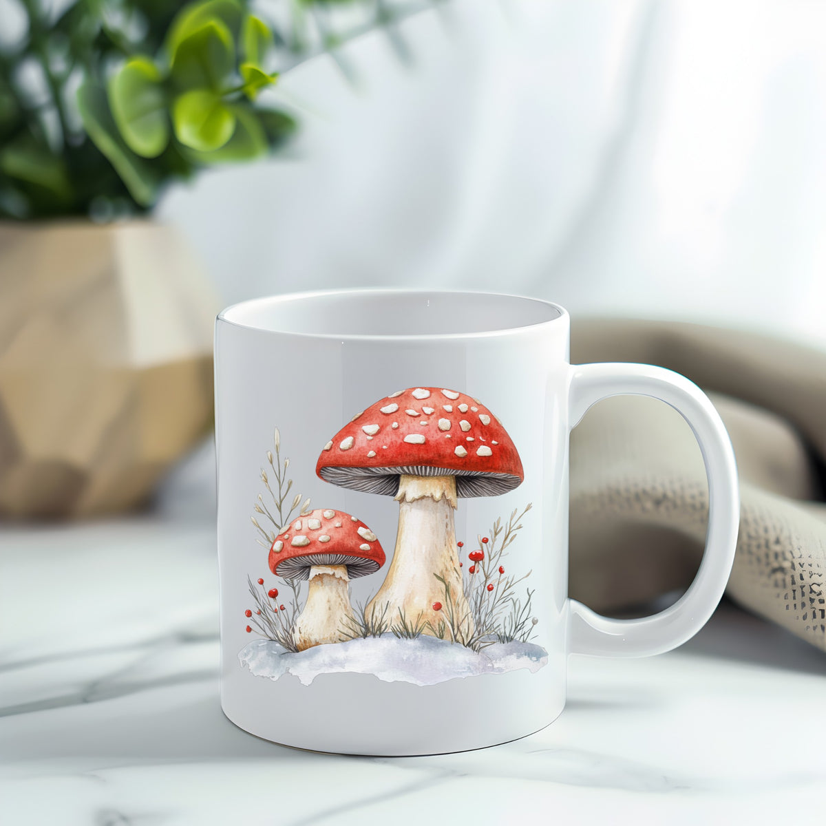 Red Mushrooms In Snow UV DTF sticker applied to a white coffee mug