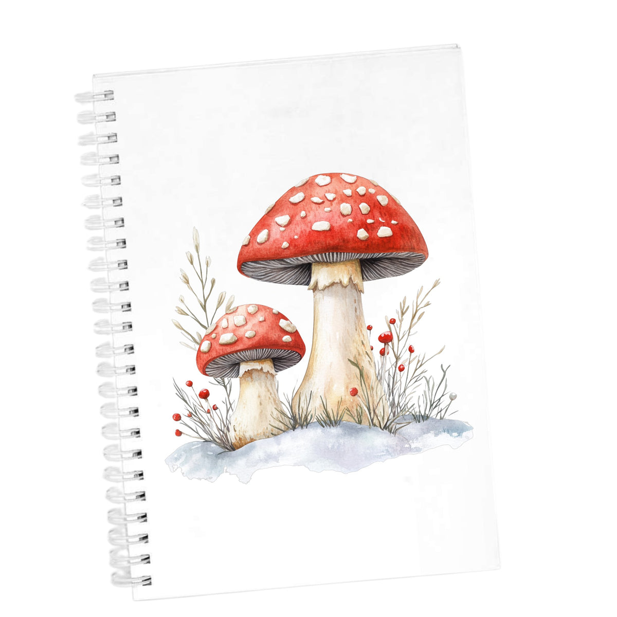 Red Mushrooms In Snow UV DTF sticker applied to a white journal