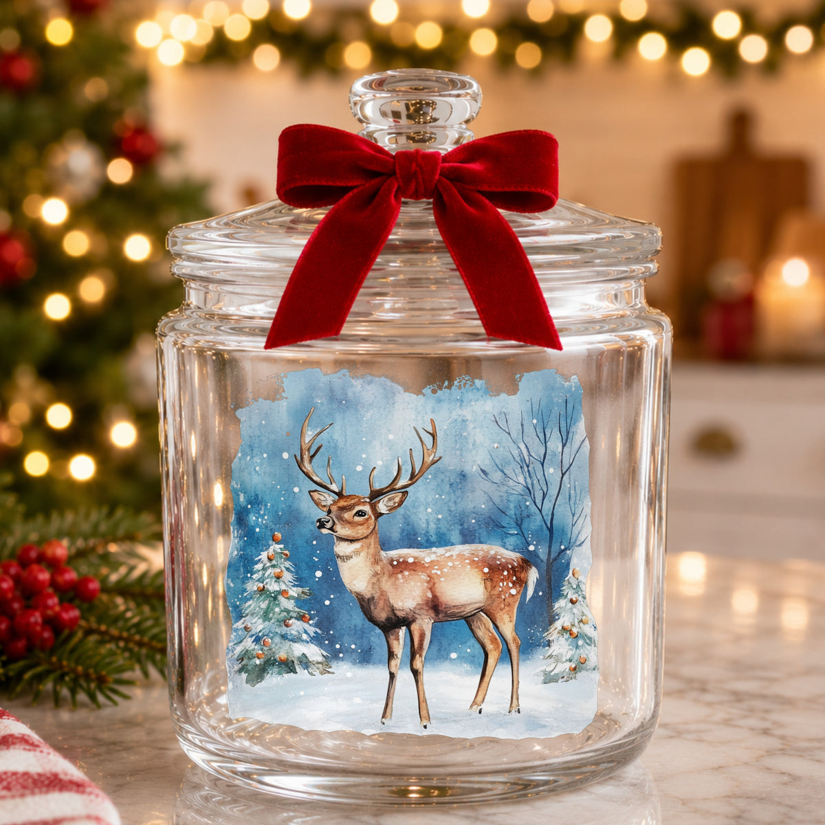 Christmas Deer With Decorated Trees UV DTF sticker applied to a clear glass jar