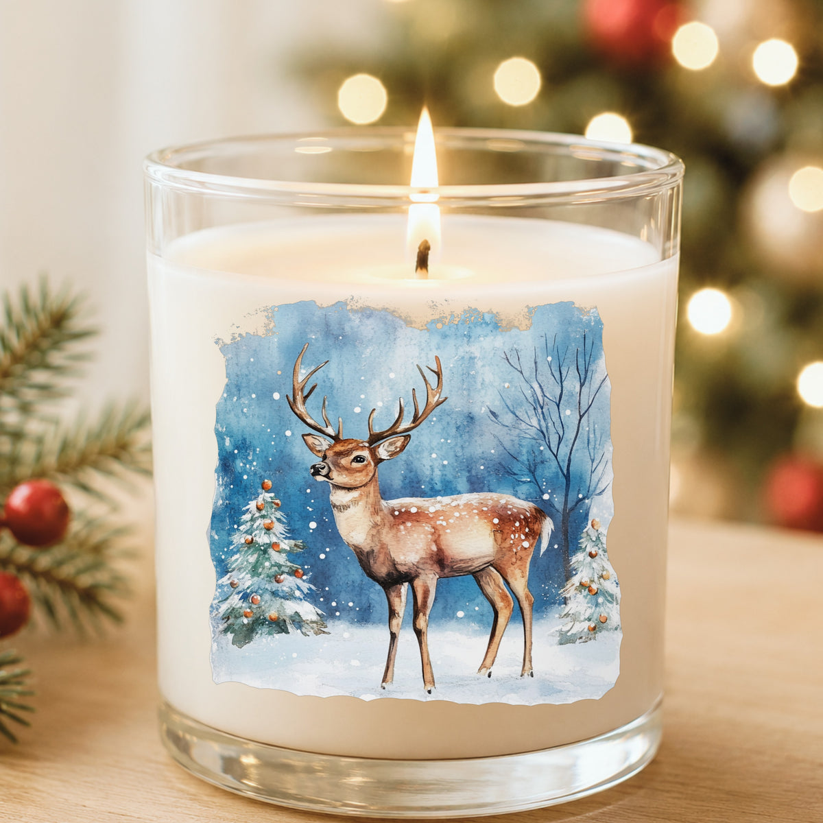Christmas Deer With Decorated Trees UV DTF sticker applied to a white candle jar