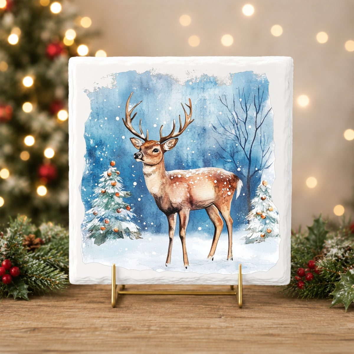 Christmas Deer With Decorated Trees UV DTF sticker applied to a white ceramic tile