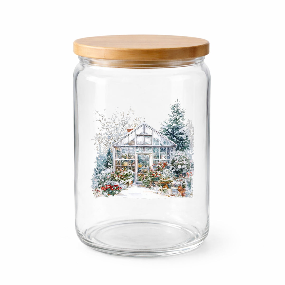 Snowy Greenhouse UV DTF sticker applied to a clear glass jar with lid