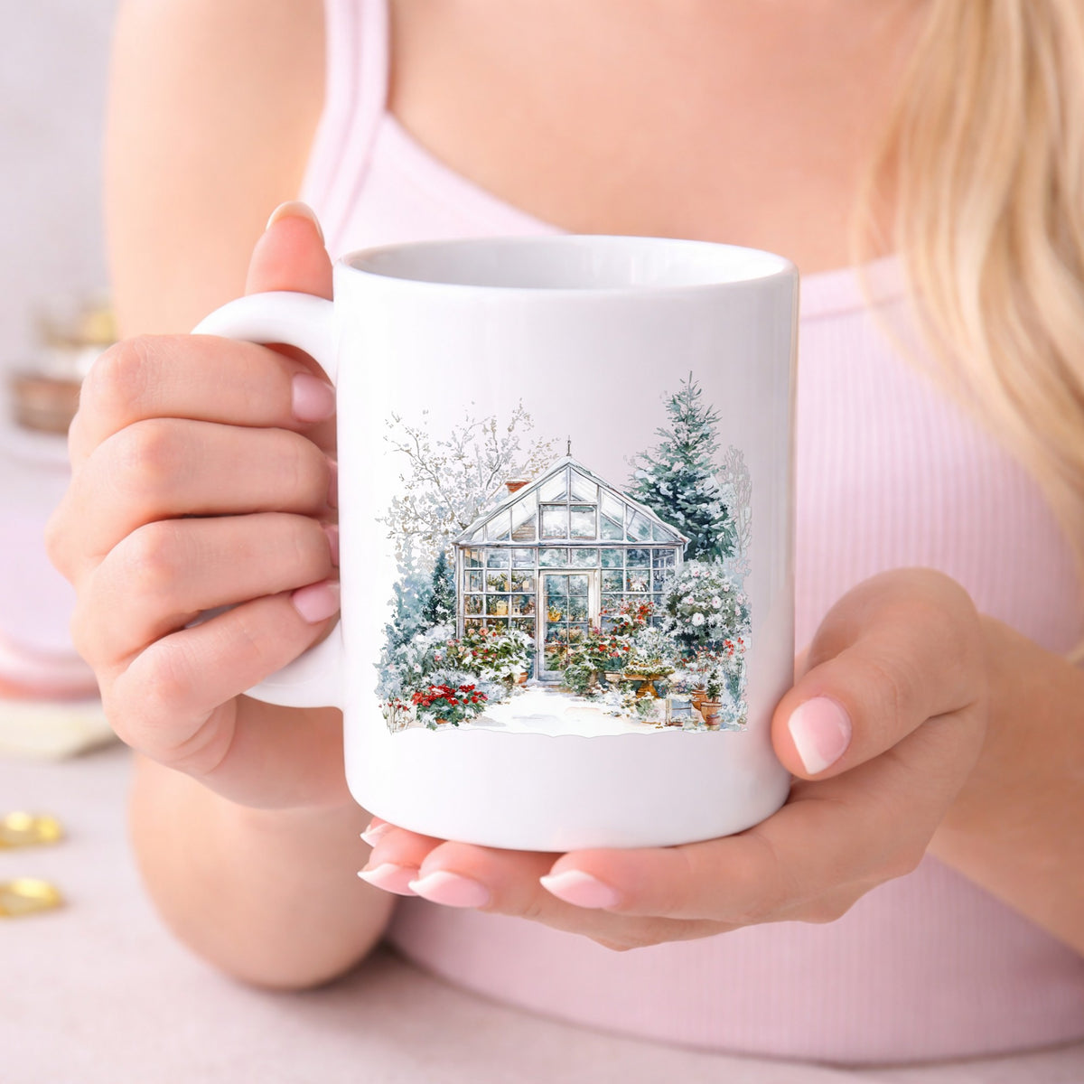 Snowy Greenhouse UV DTF sticker displayed on a white coffee mug