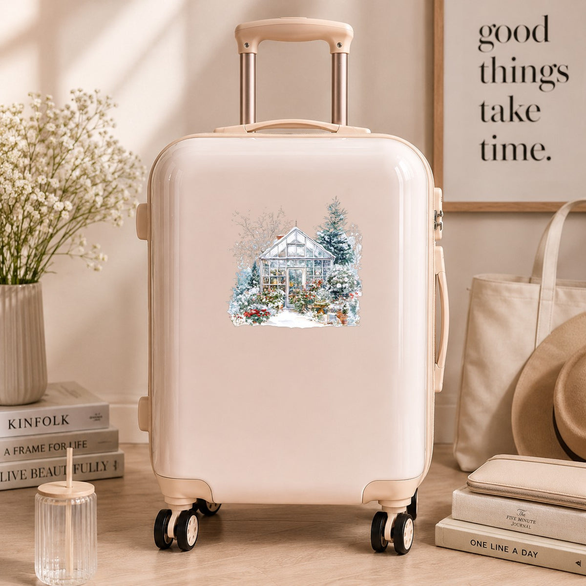 Snowy Greenhouse UV DTF sticker applied to a neutral suitcase