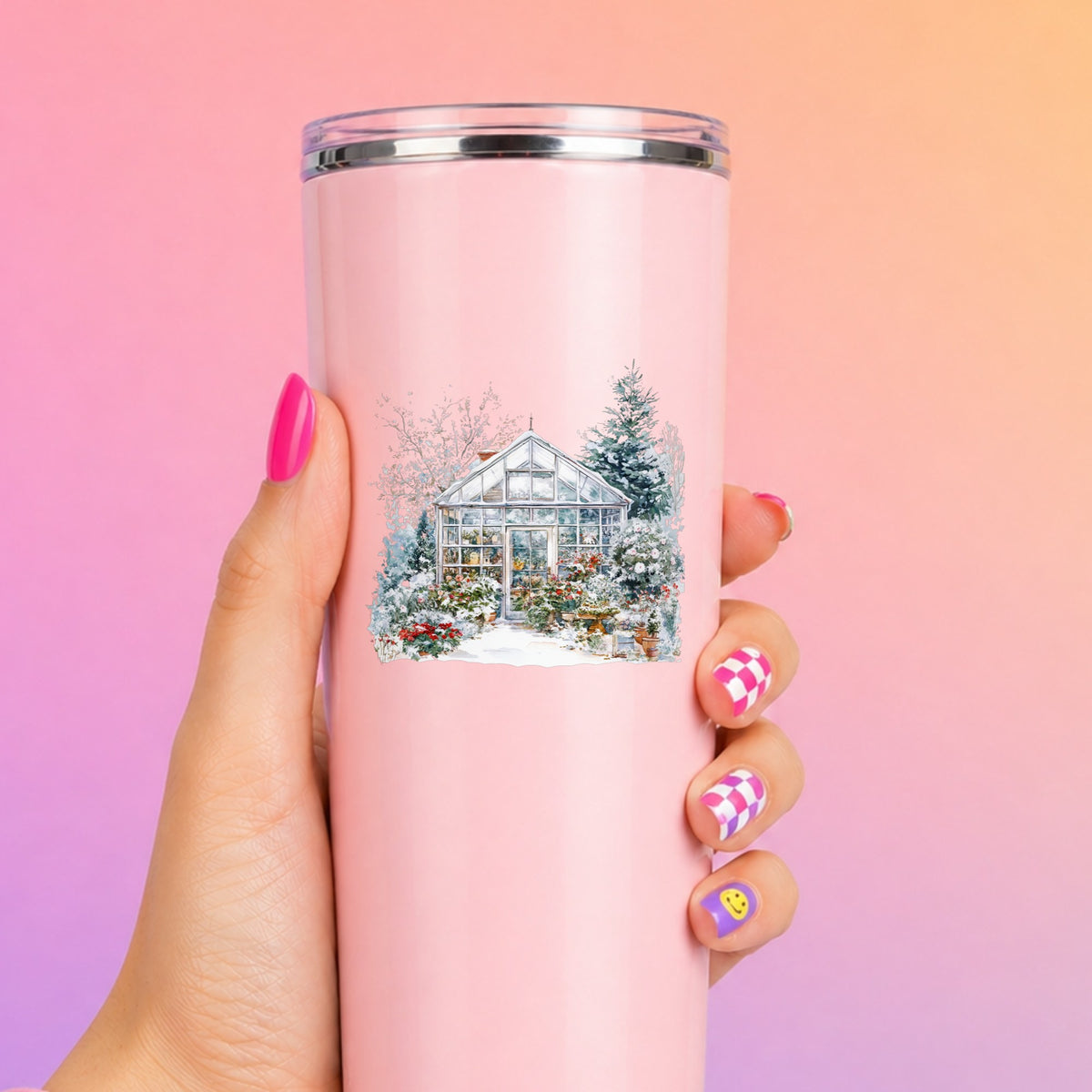 Snowy Greenhouse UV DTF sticker applied to a pink tumbler