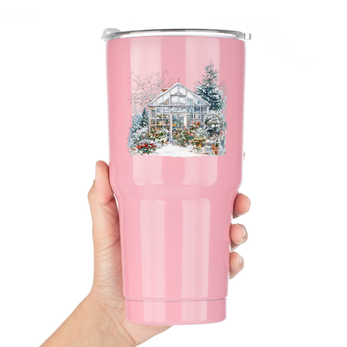 Snowy Greenhouse UV DTF sticker applied to a pink tumbler