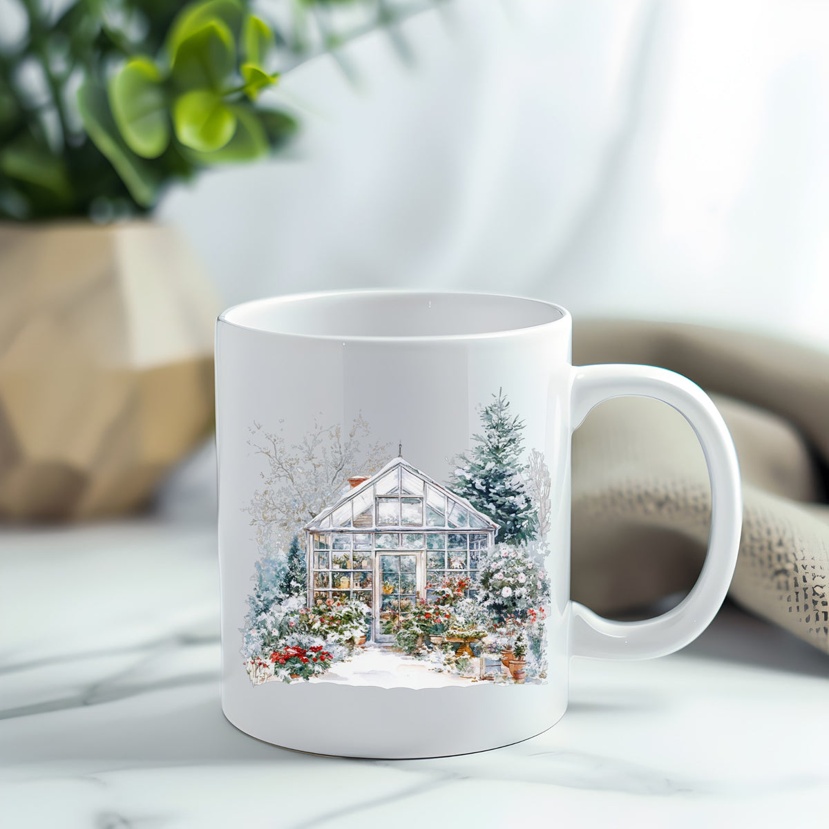 Snowy Greenhouse UV DTF sticker applied to a white coffee mug