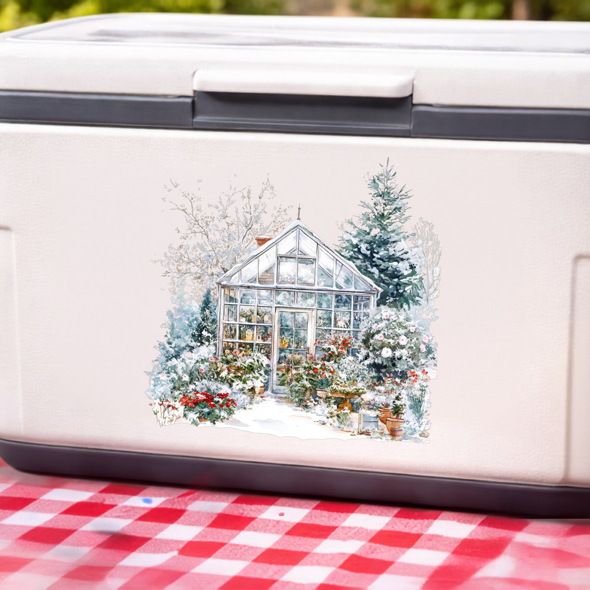 Snowy Greenhouse UV DTF sticker applied to a white cooler