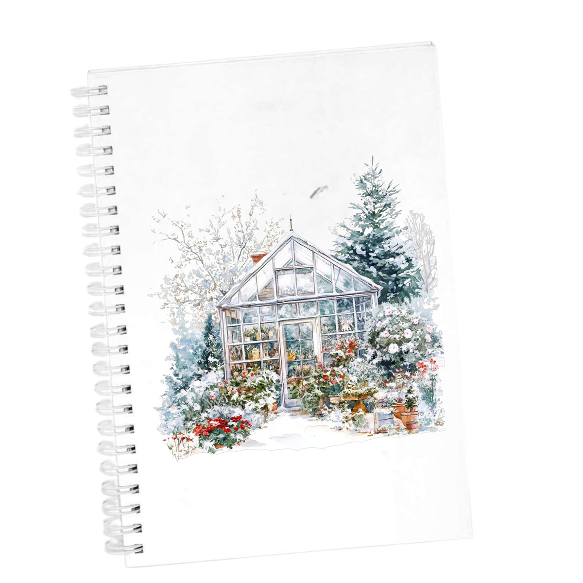 Snowy Greenhouse UV DTF sticker applied to a white journal
