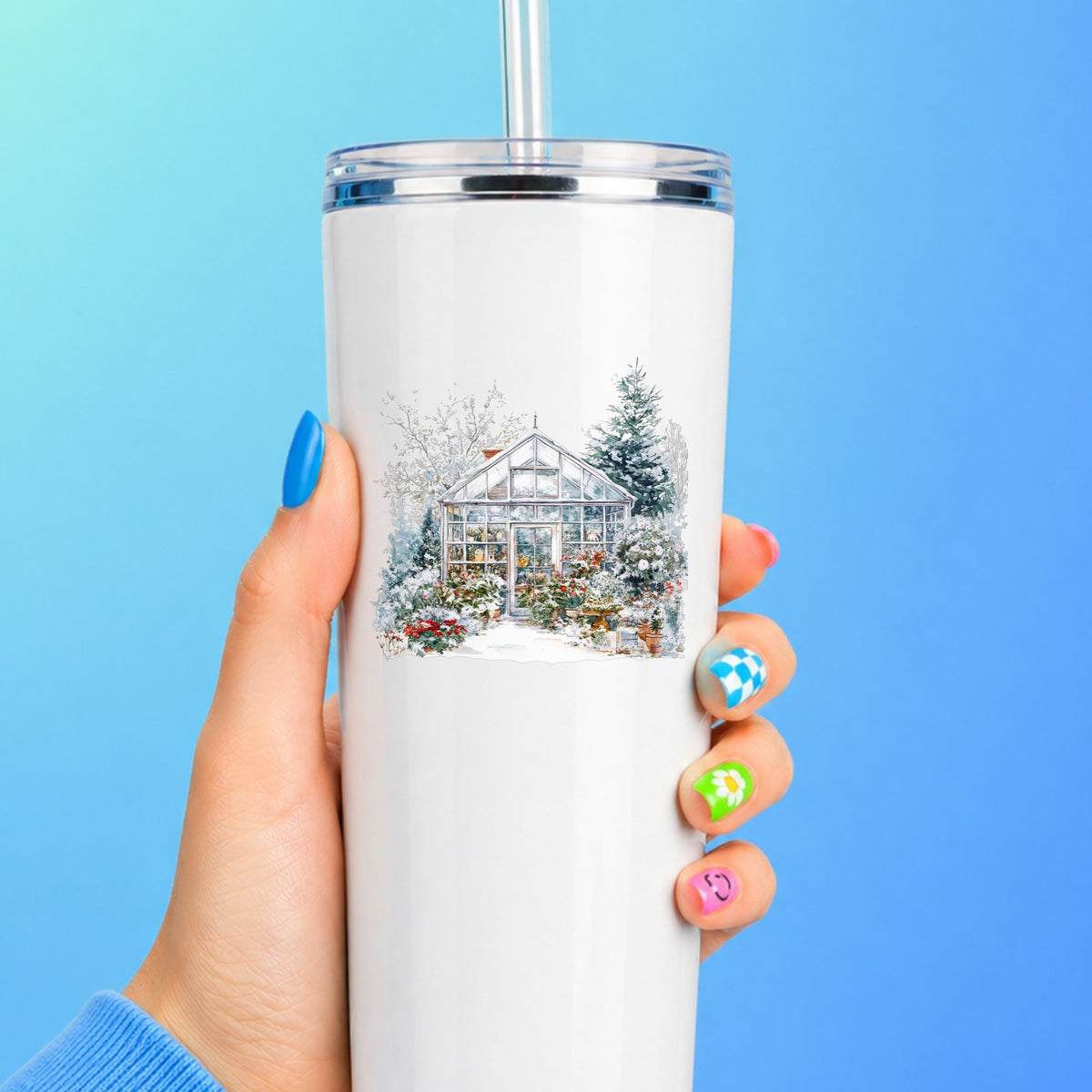 Snowy Greenhouse UV DTF sticker applied to a white tumbler