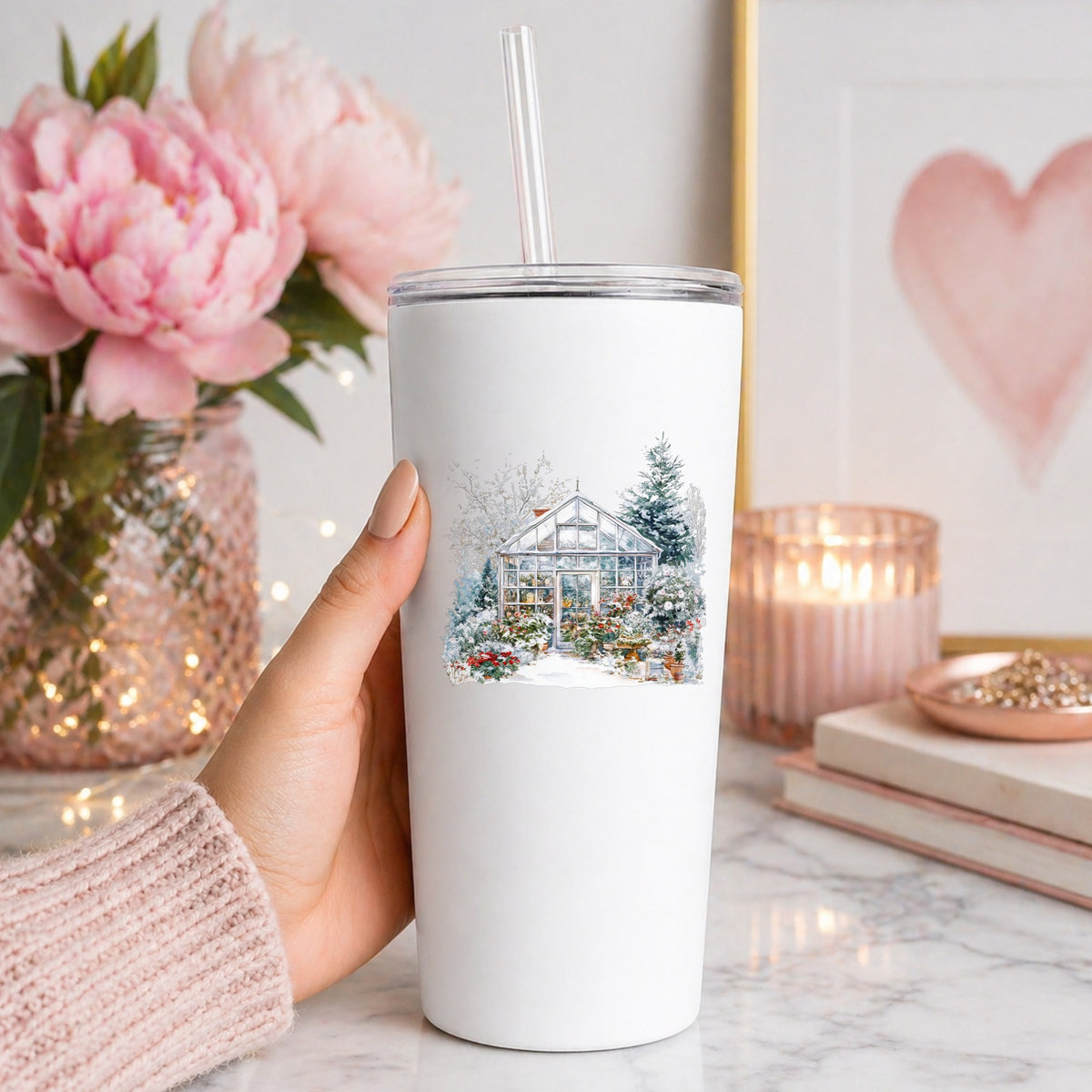 Snowy Greenhouse UV DTF sticker applied to a white tumbler