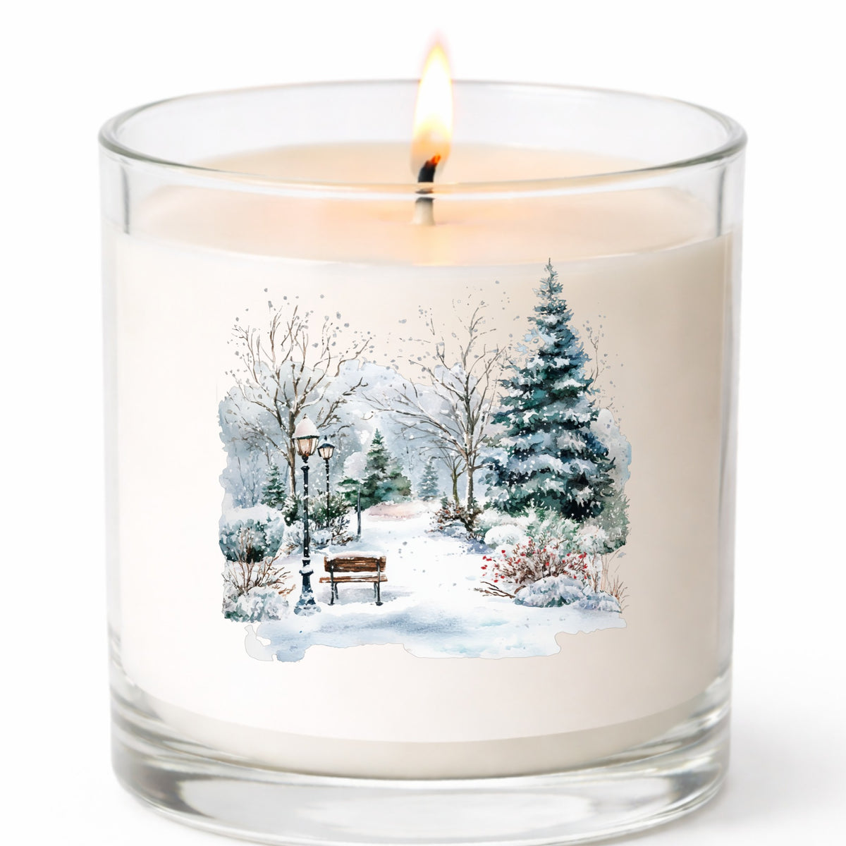 Winter Park Bench And Lamp Post UV DTF sticker applied to a candle jar