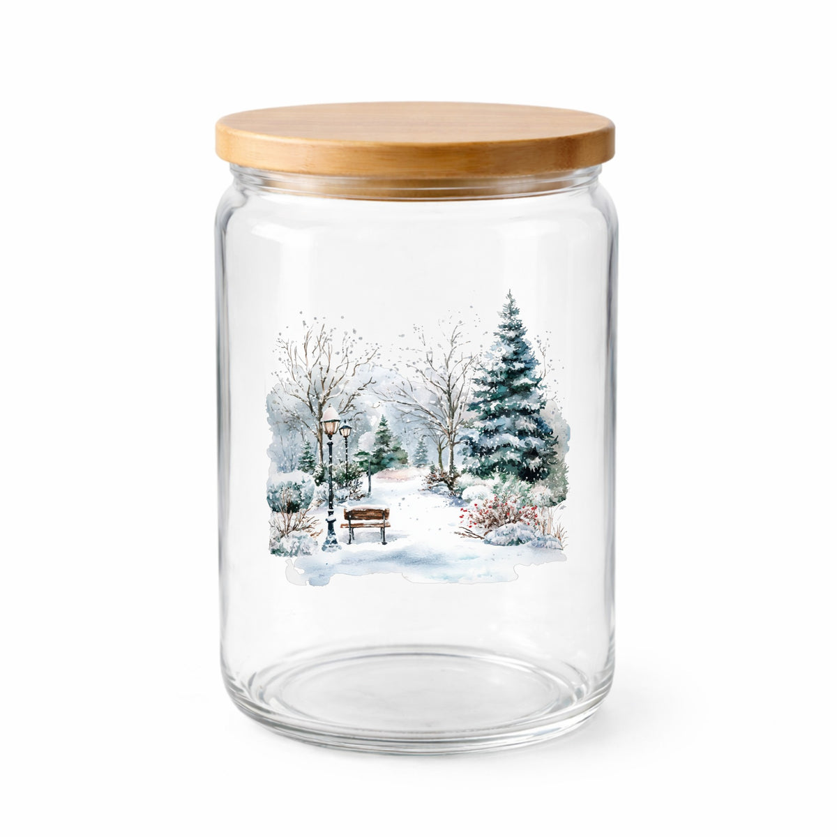Winter Park Bench And Lamp Post UV DTF sticker applied to a clear glass jar with lid