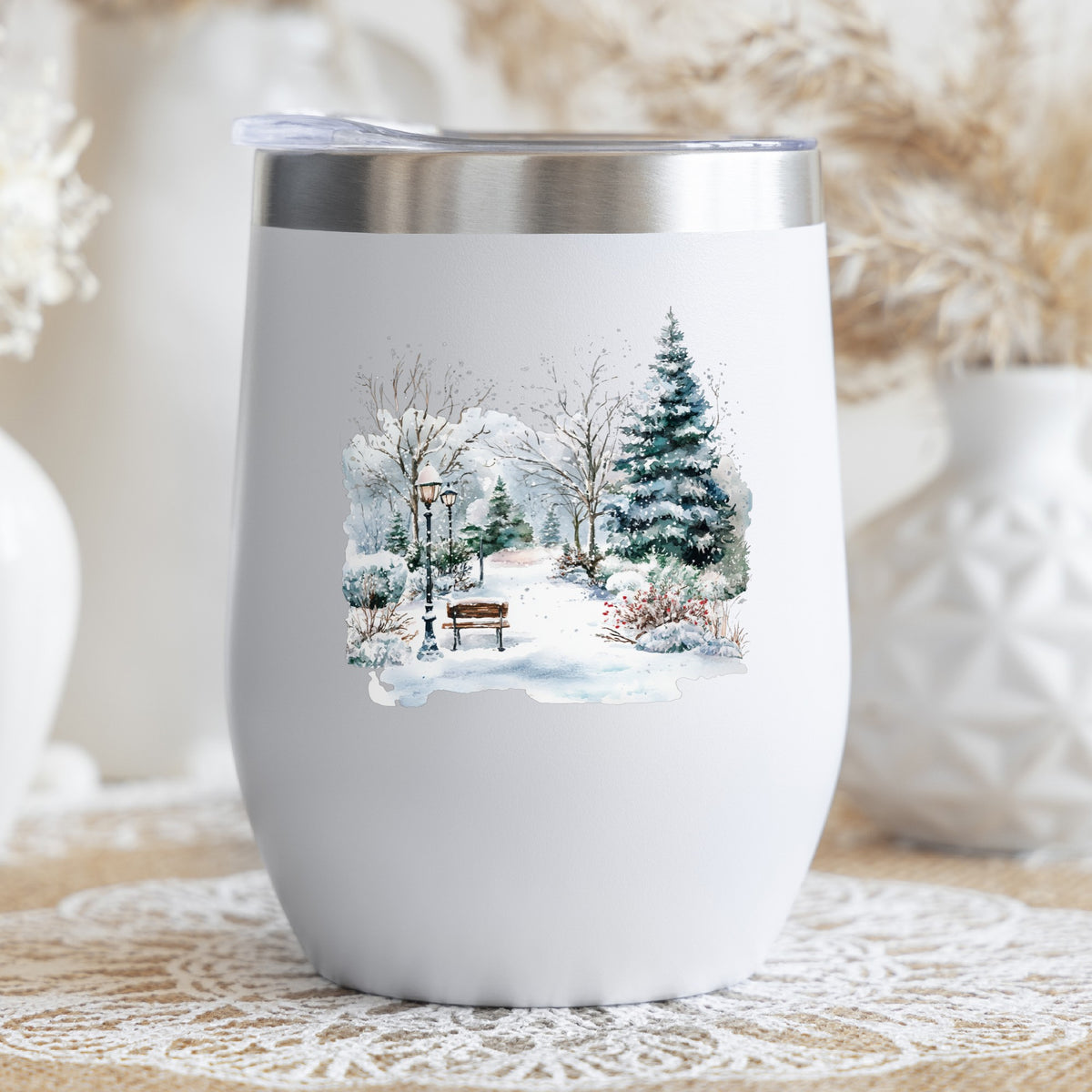 Winter Park Bench And Lamp Post UV DTF sticker applied to a stemless wine glass
