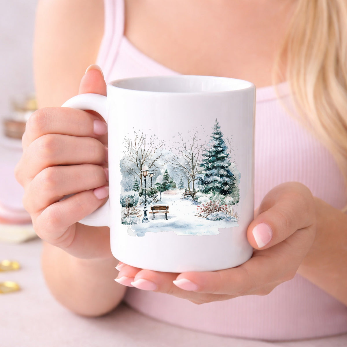 Winter Park Bench And Lamp Post UV DTF sticker displayed on a white coffee mug