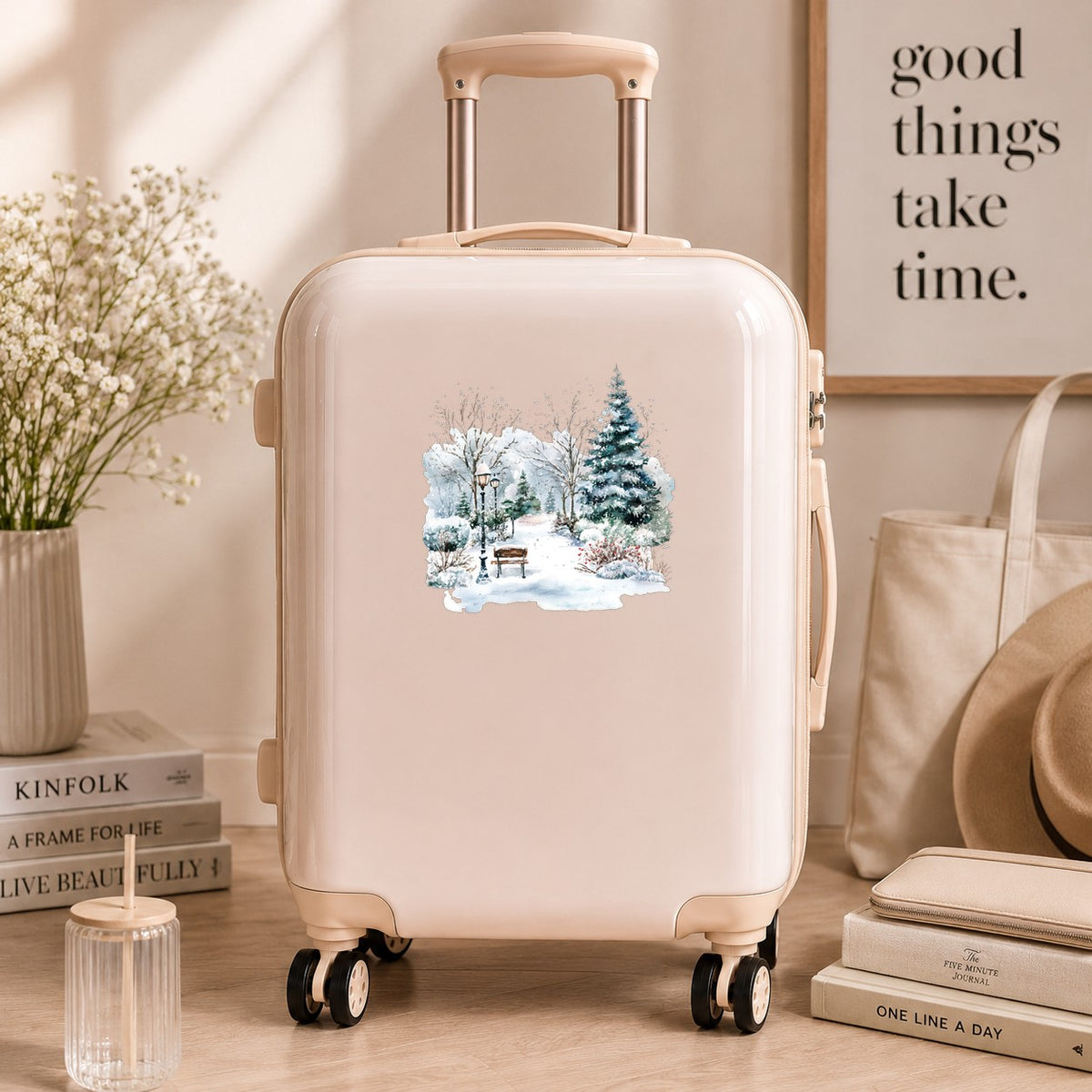 Winter Park Bench And Lamp Post UV DTF sticker applied to a neutral suitcase
