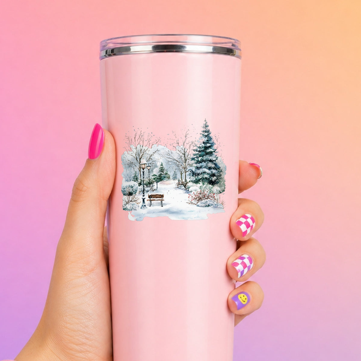 Winter Park Bench And Lamp Post UV DTF sticker applied to a pink tumbler