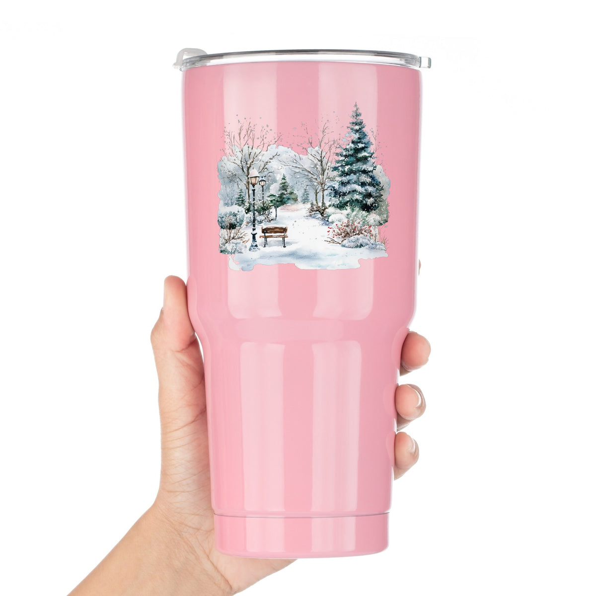 Winter Park Bench And Lamp Post UV DTF sticker applied to a pink tumbler