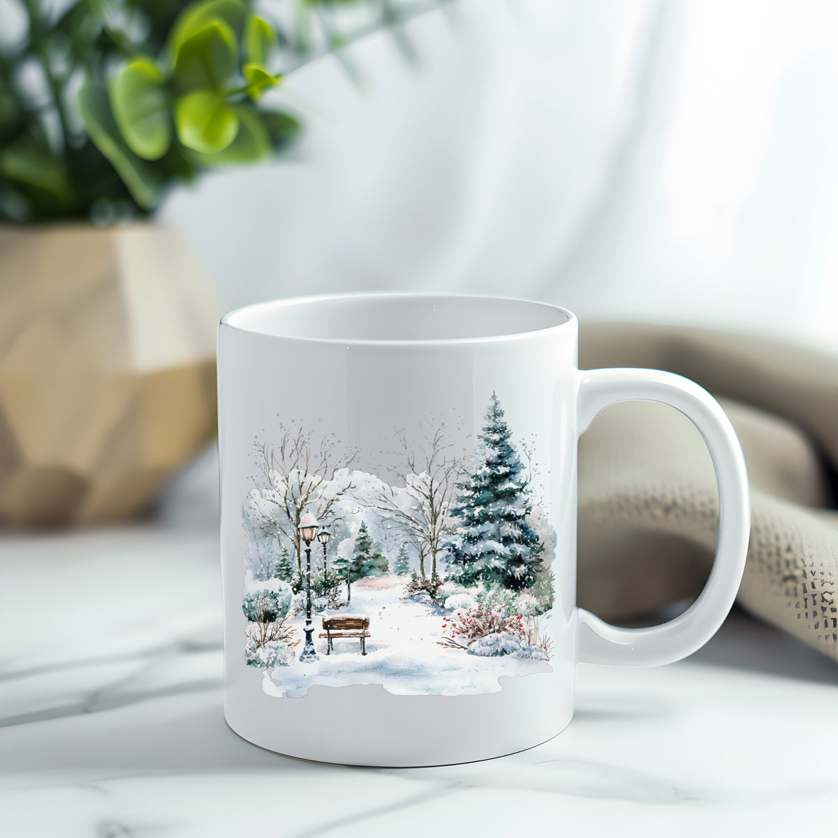 Winter Park Bench And Lamp Post UV DTF sticker applied to a white coffee mug
