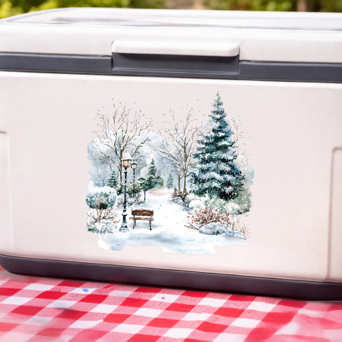 Winter Park Bench And Lamp Post UV DTF sticker applied to a white cooler