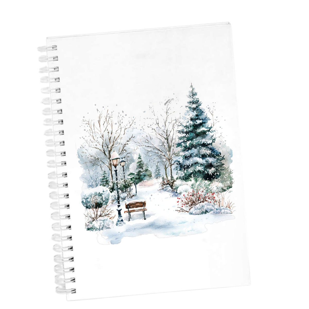 Winter Park Bench And Lamp Post UV DTF sticker applied to a white journal