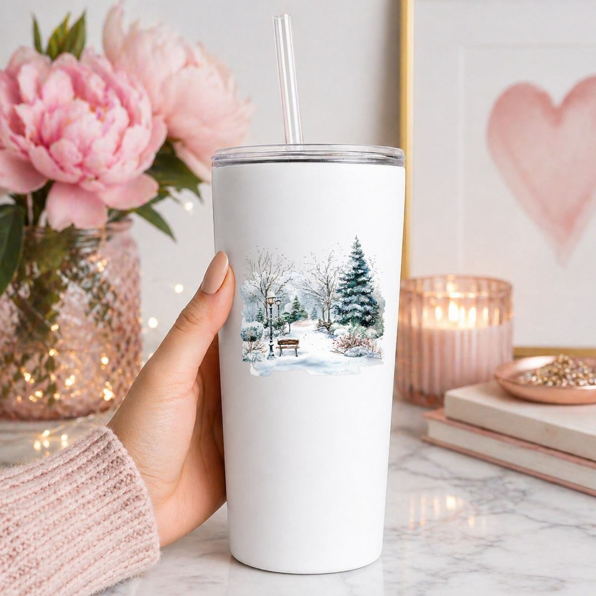 Winter Park Bench And Lamp Post UV DTF sticker applied to a white tumbler