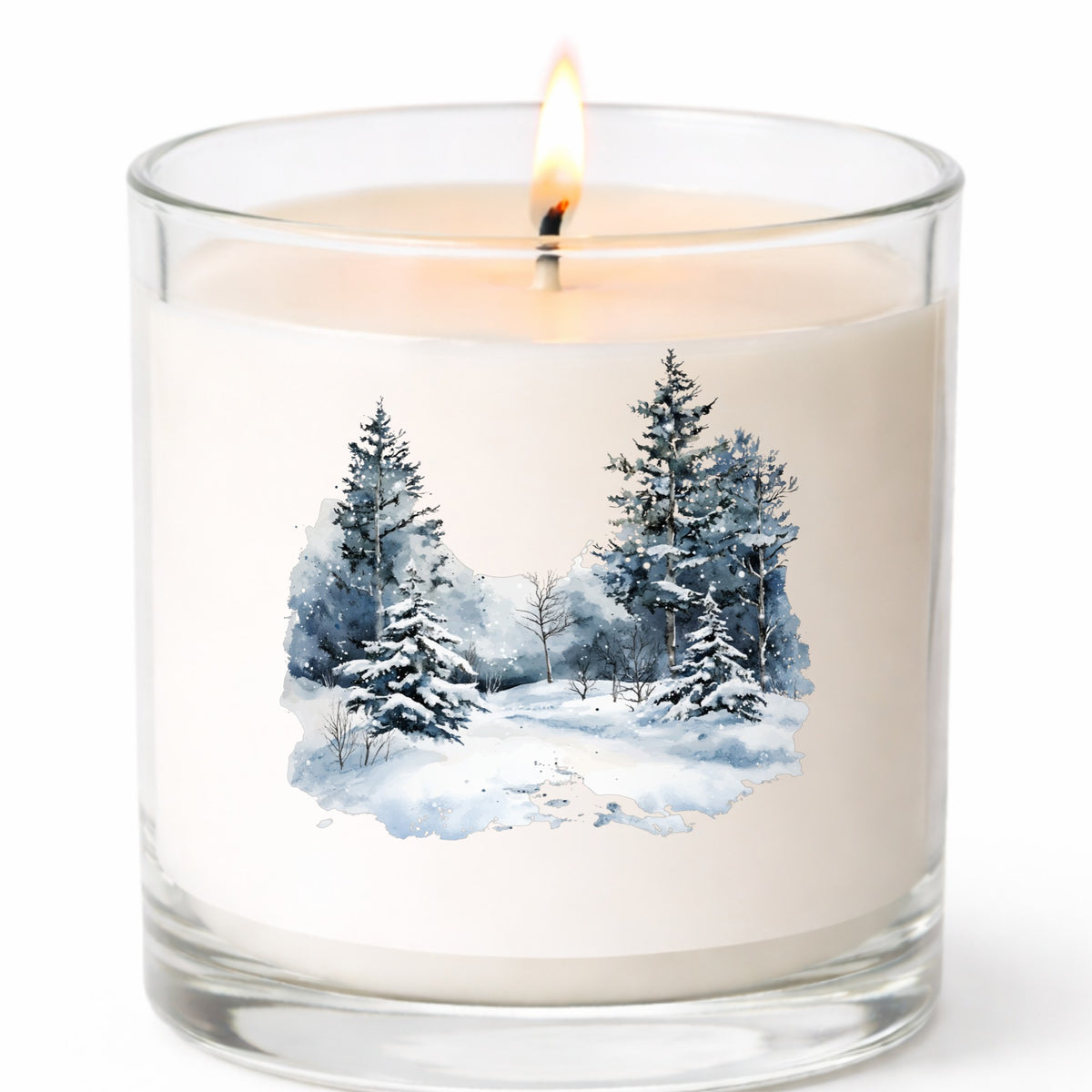 Falling Snow Pine Forest UV DTF sticker applied to a candle jar