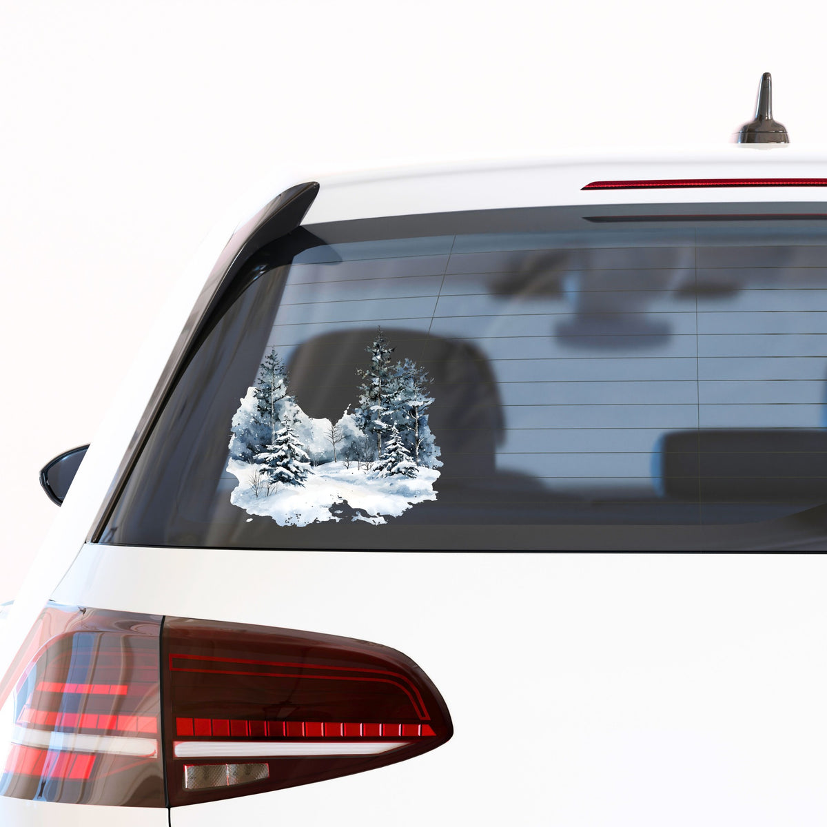 Falling Snow Pine Forest UV DTF sticker applied to a car window