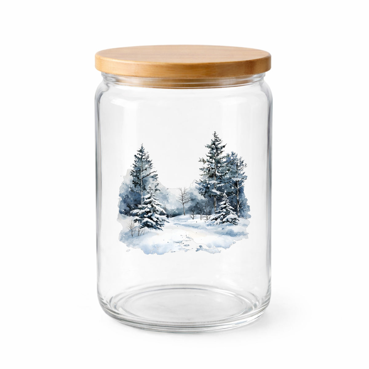 Falling Snow Pine Forest UV DTF sticker applied to a clear glass jar with lid