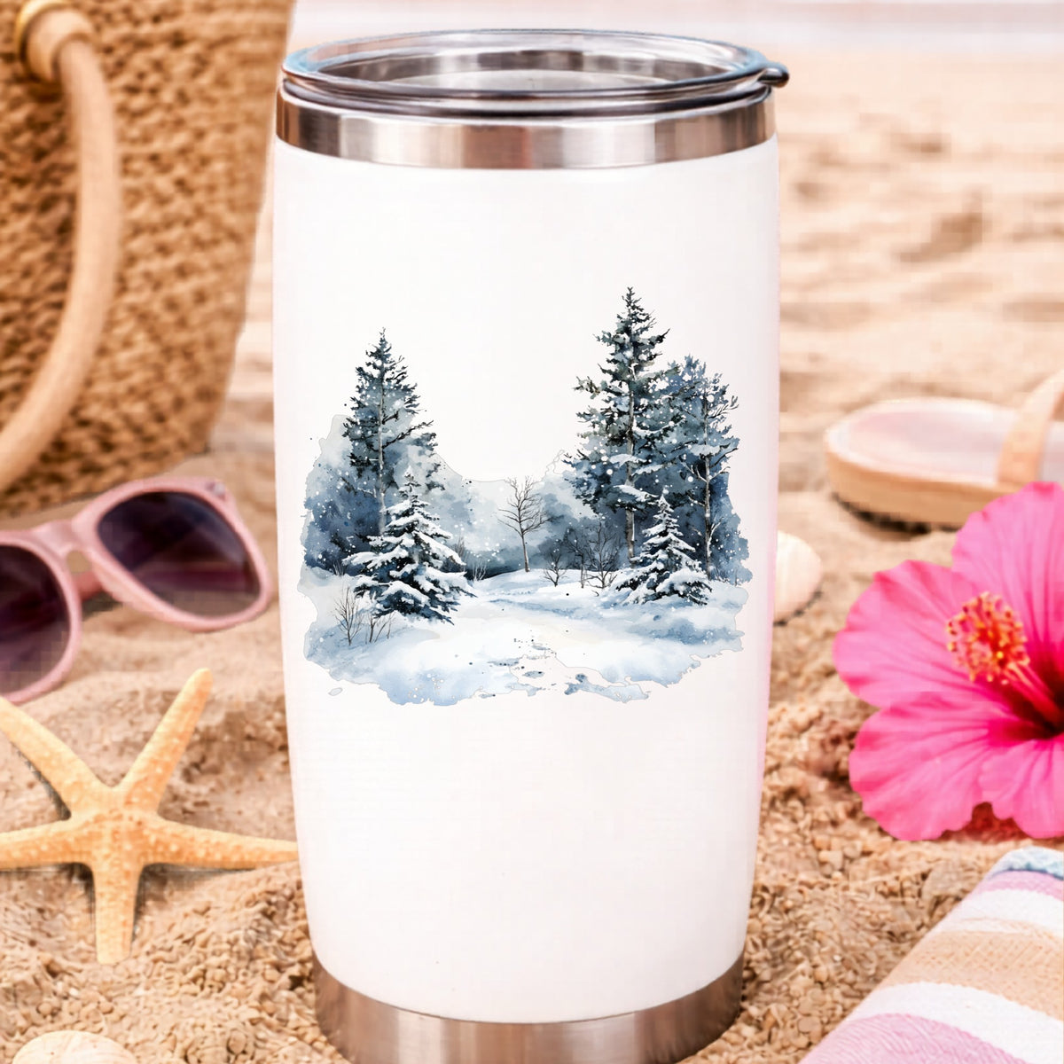 Falling Snow Pine Forest UV DTF sticker applied to a water bottle at the beach
