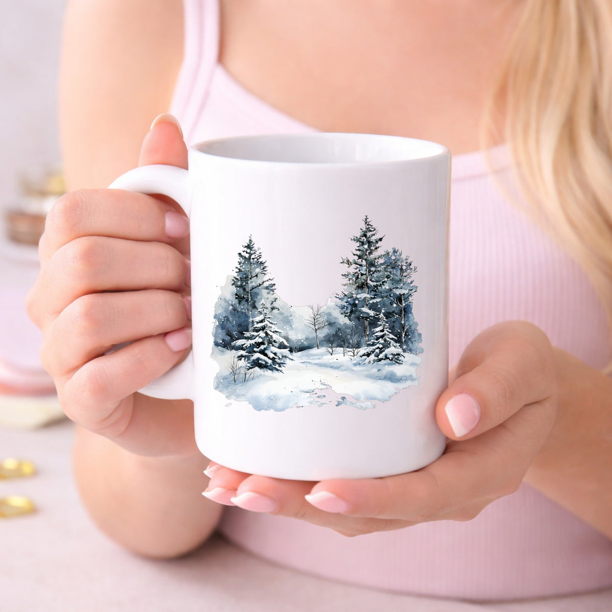 Falling Snow Pine Forest UV DTF sticker displayed on a white coffee mug