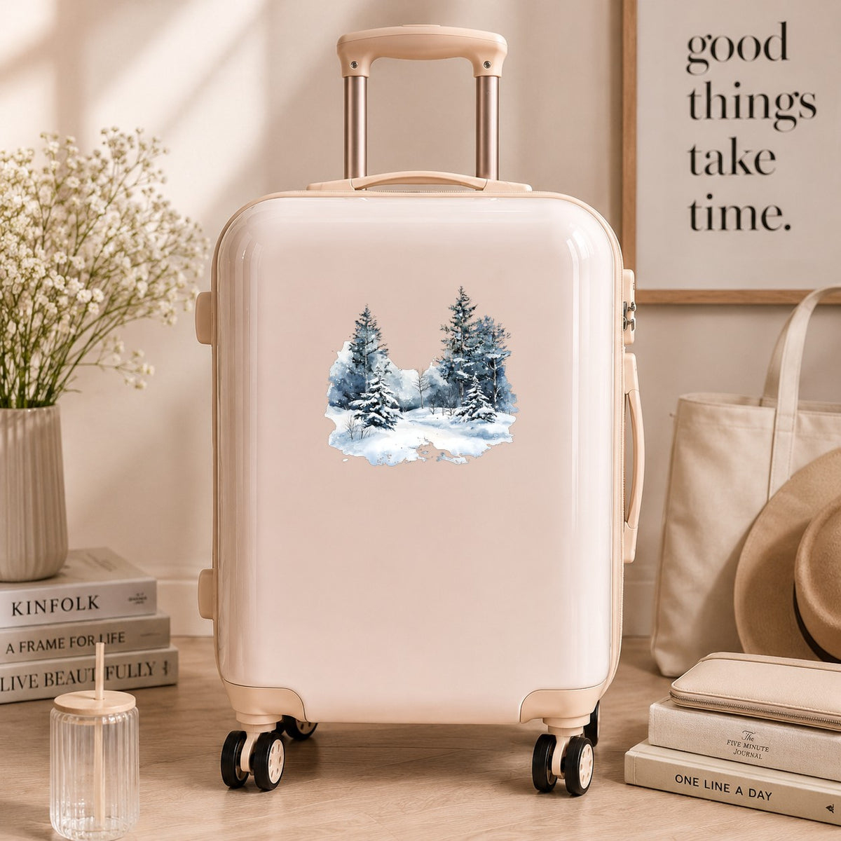 Falling Snow Pine Forest UV DTF sticker applied to a neutral suitcase